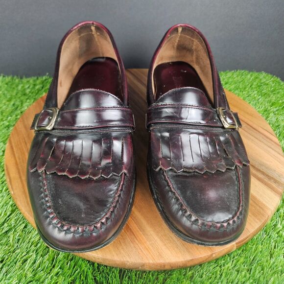 GH Bass & Co Men’s Size 11.5M Burgundy Leather Fringe Buckle Loafers Shoes - Picture 6 of 11